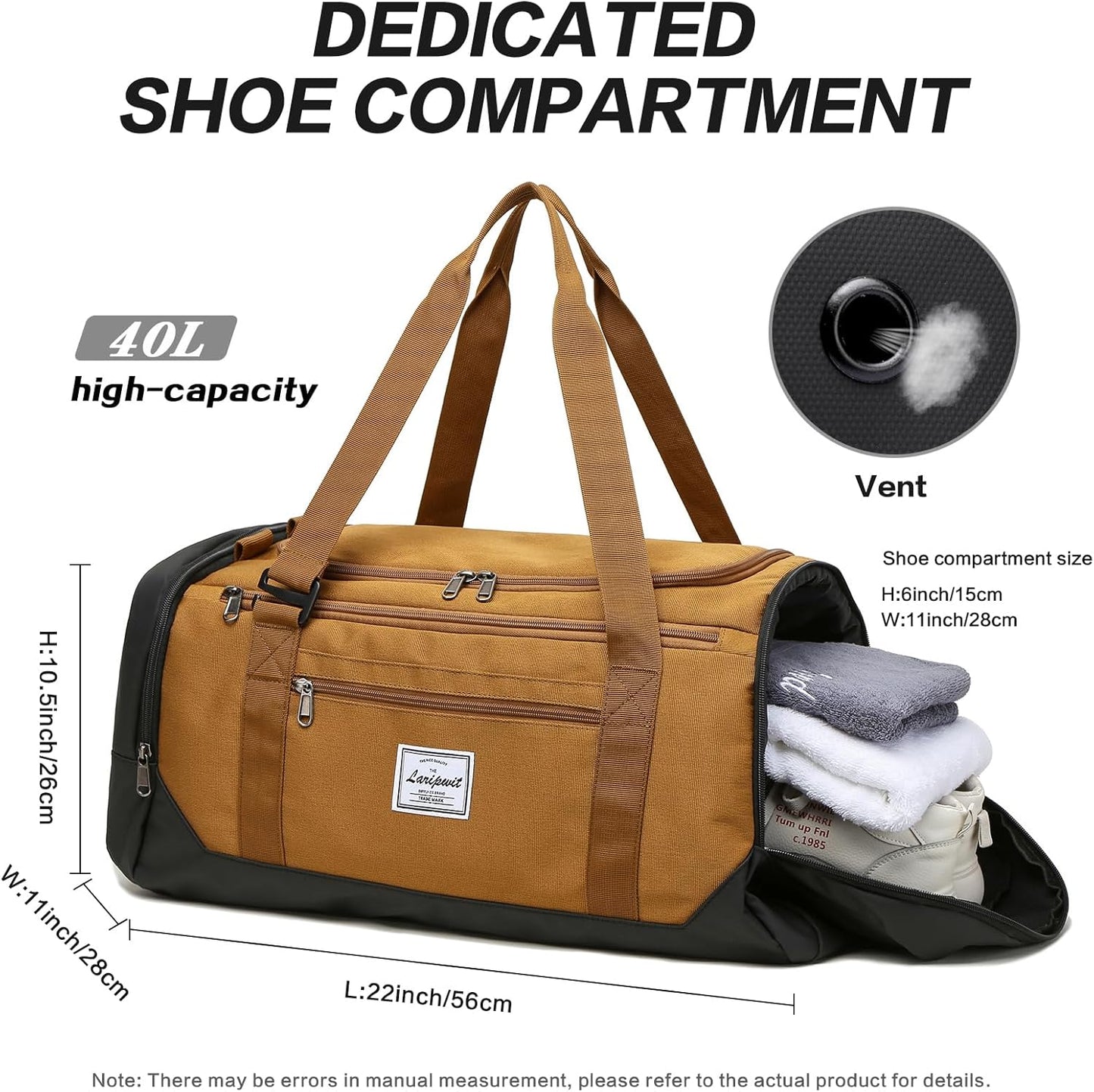 Travel Duffle Bag for Men 40L Medium Sports Gym Bag with Wet Pocket & Shoes Compartment Weekender Overnight Backpack for Traveling Duffel Bag Backpack for Women, Brown